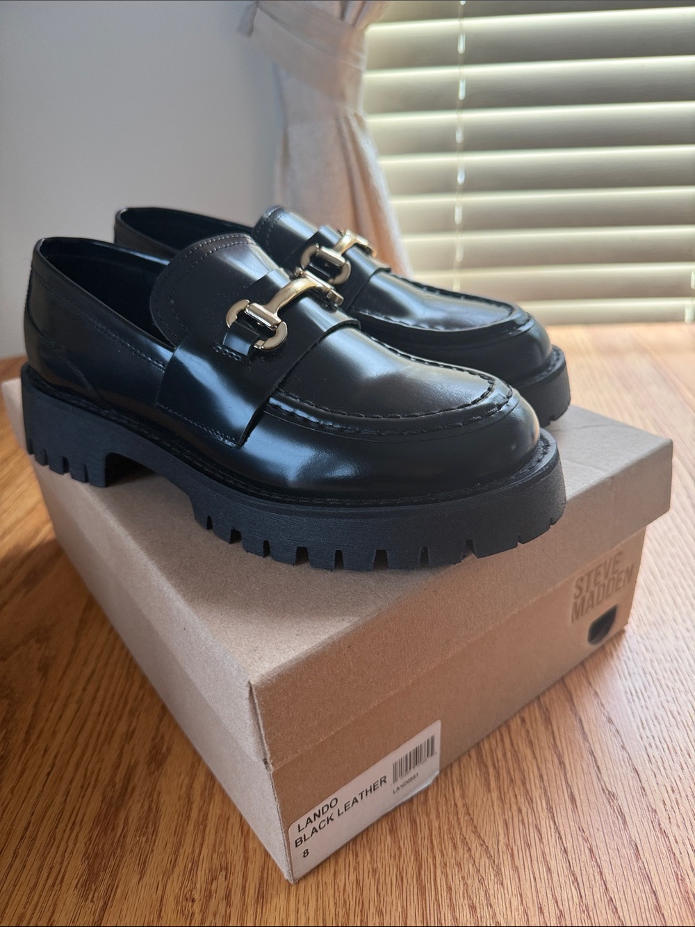 Steve Madden Black Leather Lug Sole Loafers with Gold Bit